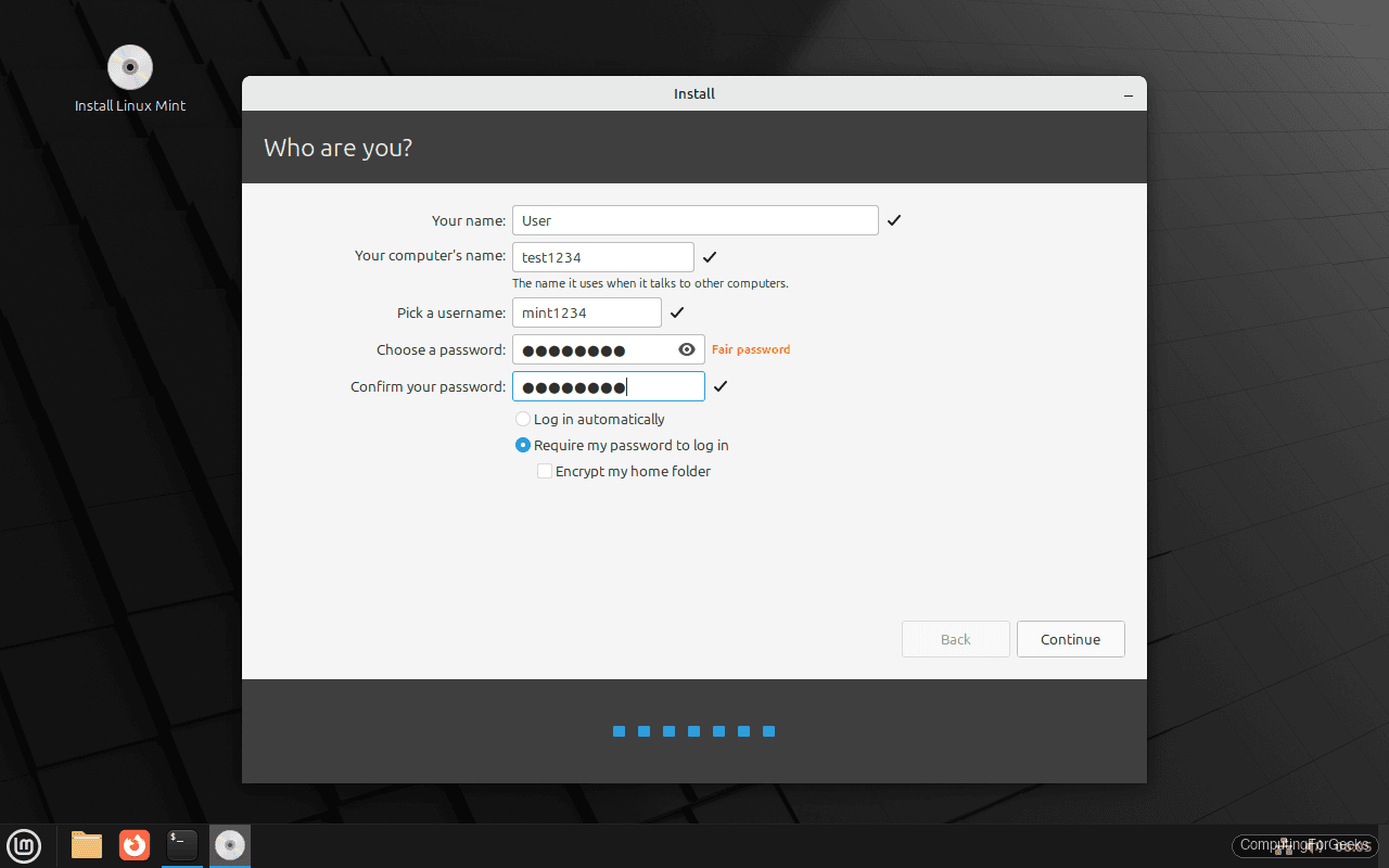Linux Mint user account creation form