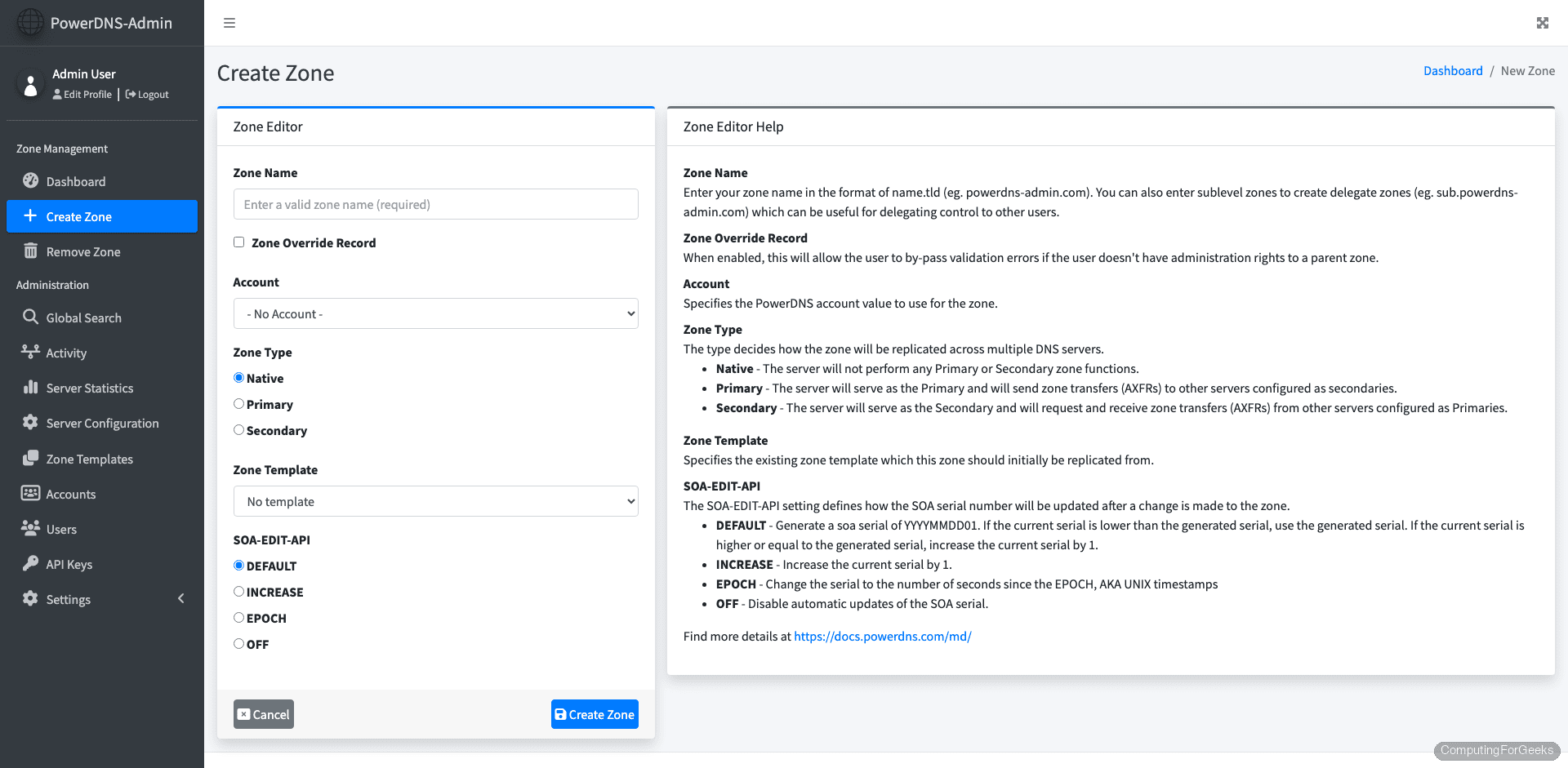 PowerDNS-Admin create new DNS zone form