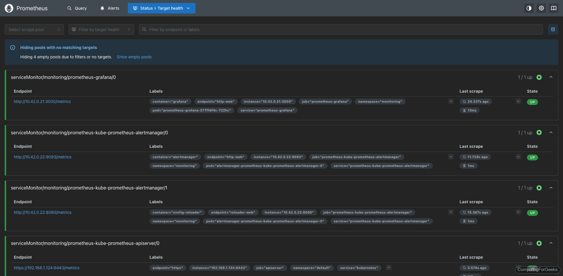 Prometheus targets page showing all 13 endpoints with Up status