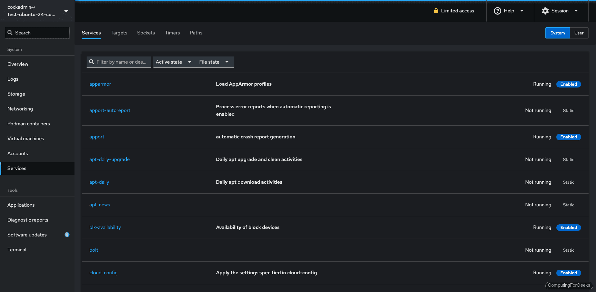 Cockpit systemd services manager showing running services on Ubuntu 24.04