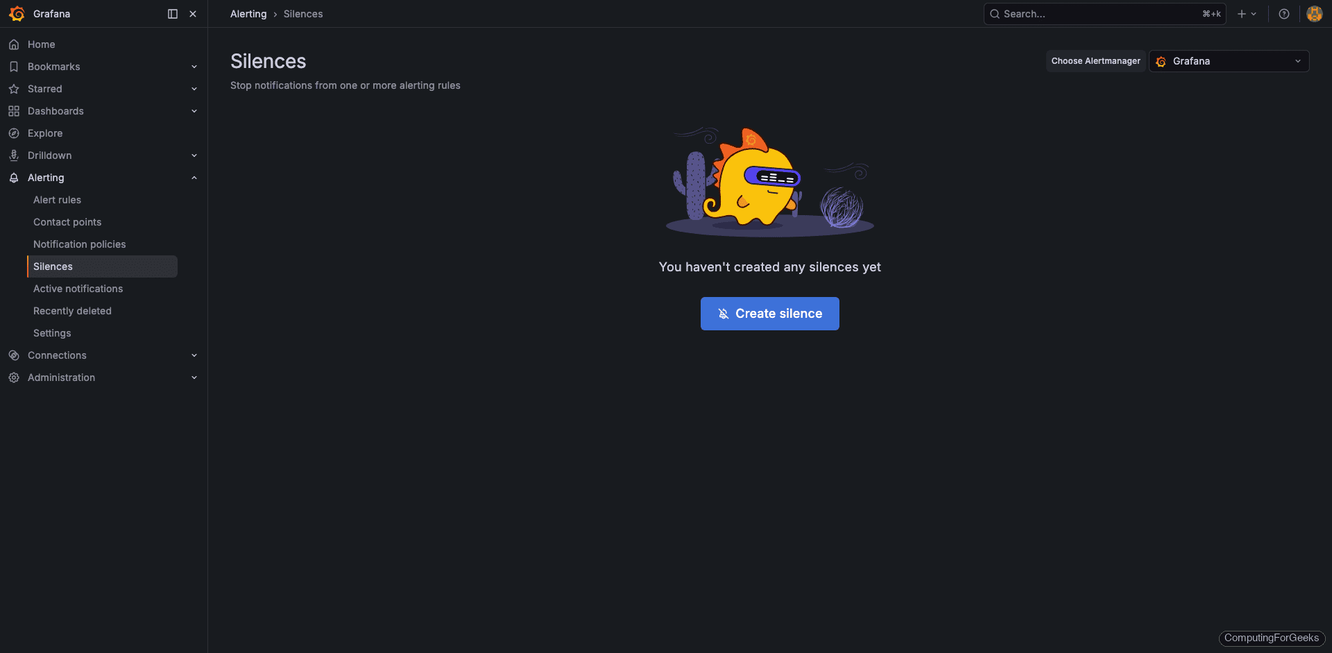 Grafana silences page for suppressing alerts during maintenance windows