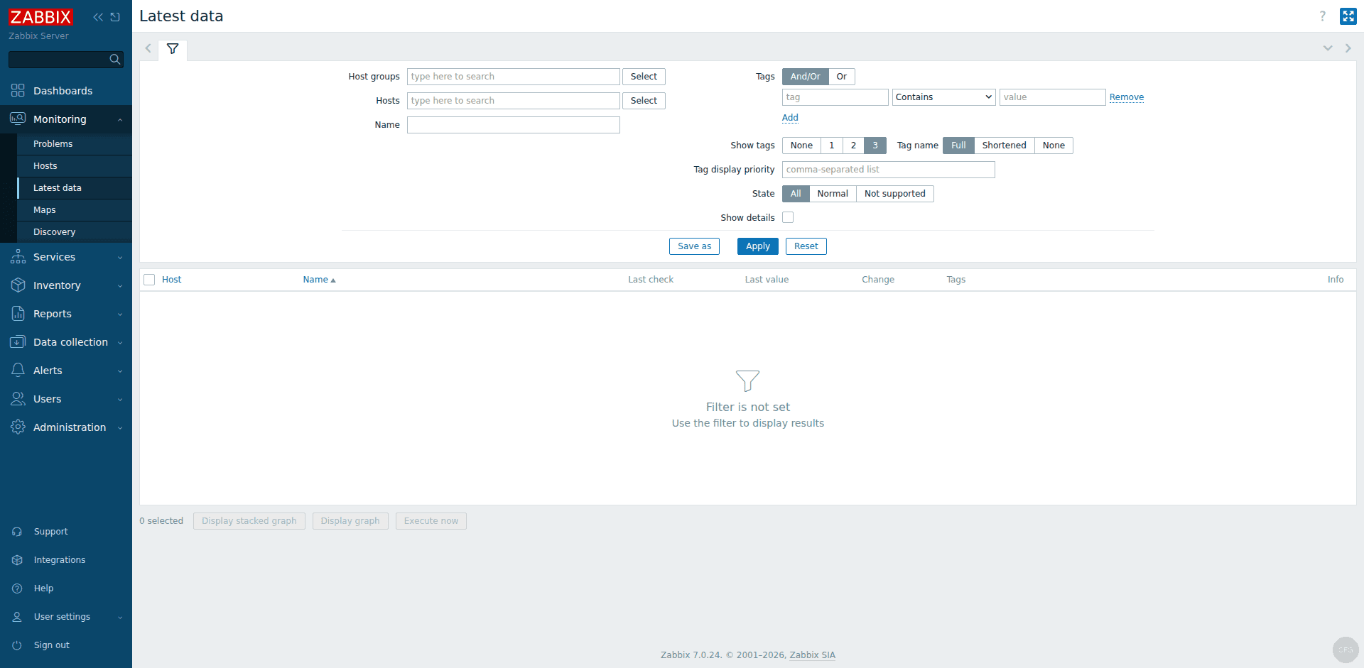 Zabbix 7.0 latest data page showing real-time metrics from monitored hosts