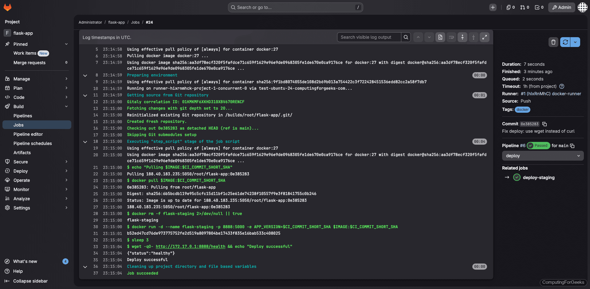 GitLab deploy job log showing container pull, run, and health check success