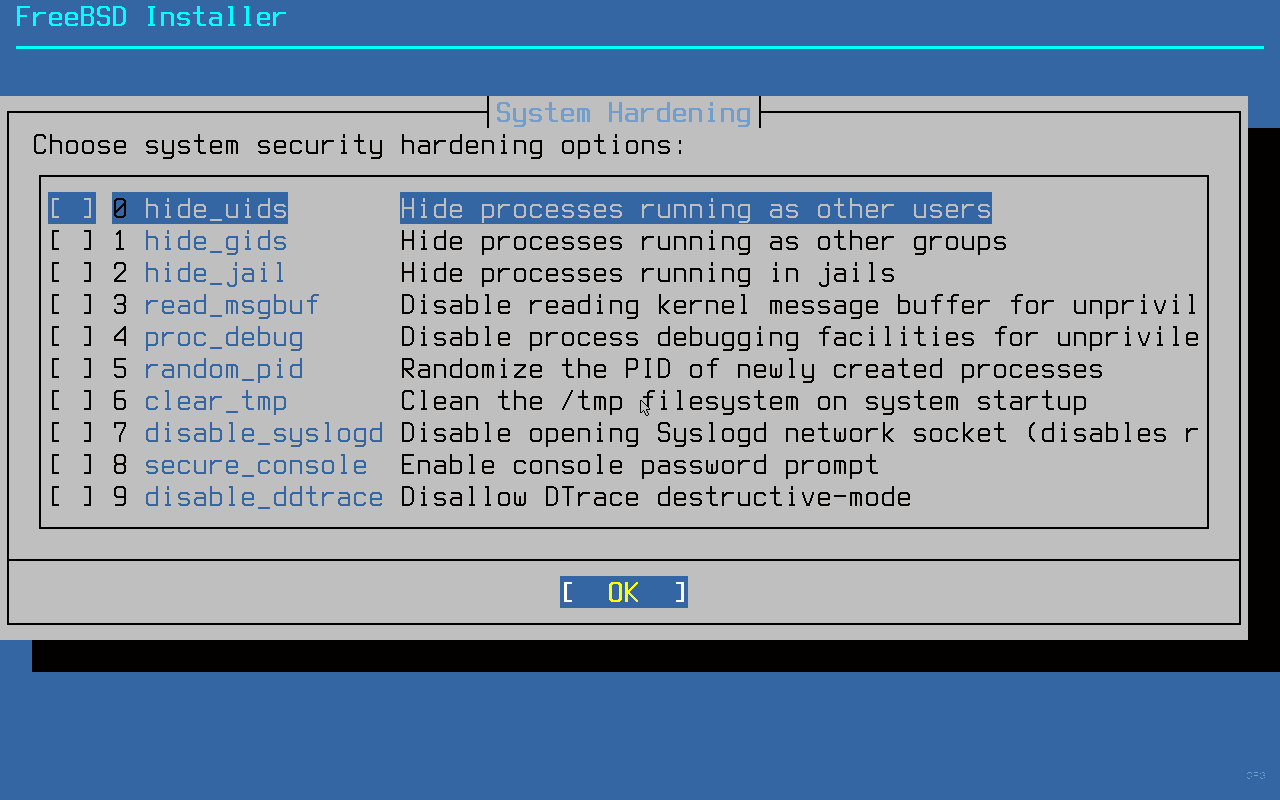 FreeBSD 15.0 system hardening options screen