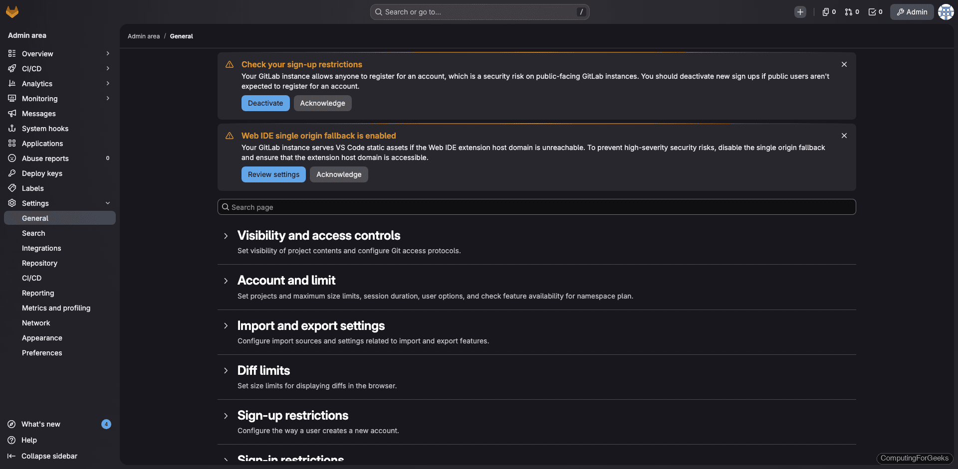 GitLab admin general settings page showing sign-up and visibility options
