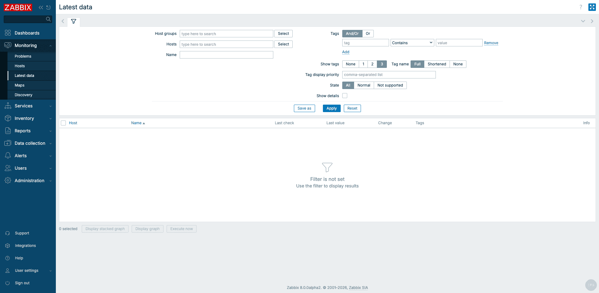 Zabbix 8.0 latest data view with real metrics on Ubuntu 24.04