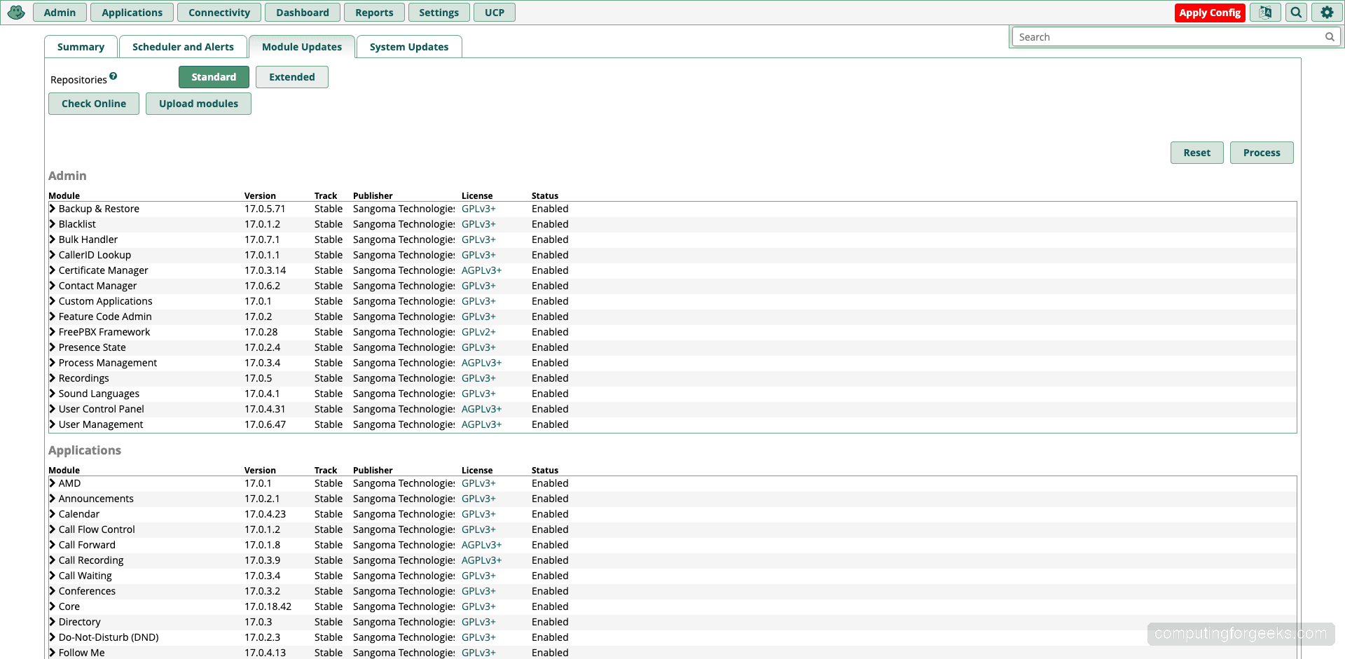 FreePBX Module Admin page showing installed modules list
