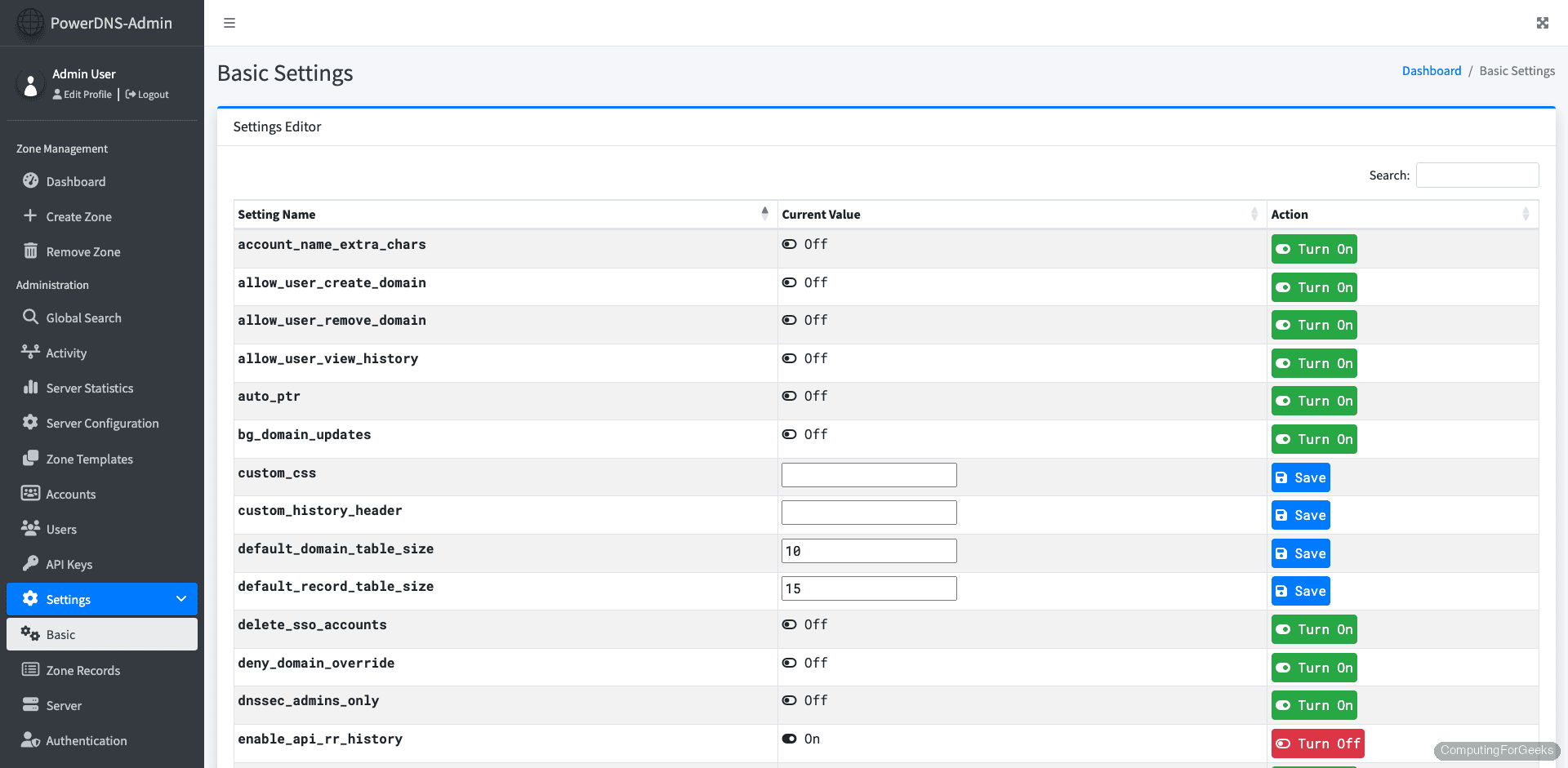PowerDNS-Admin basic settings page