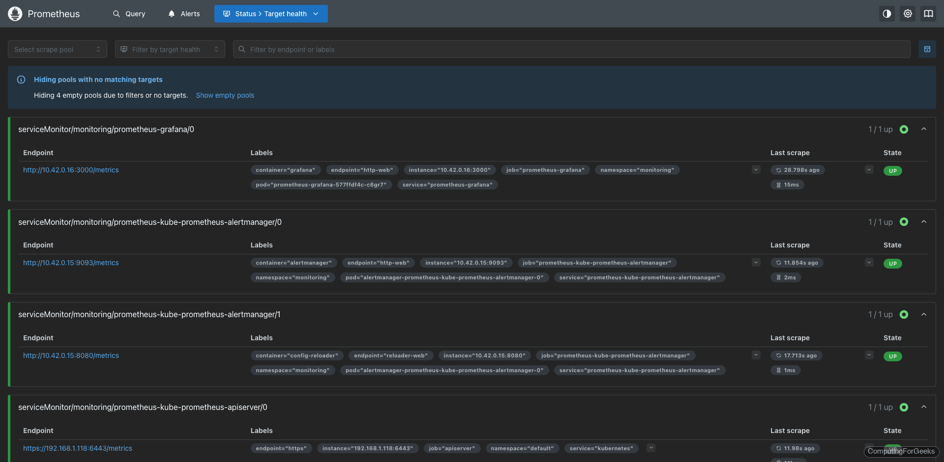 Prometheus targets page showing all Kubernetes service monitors with UP status