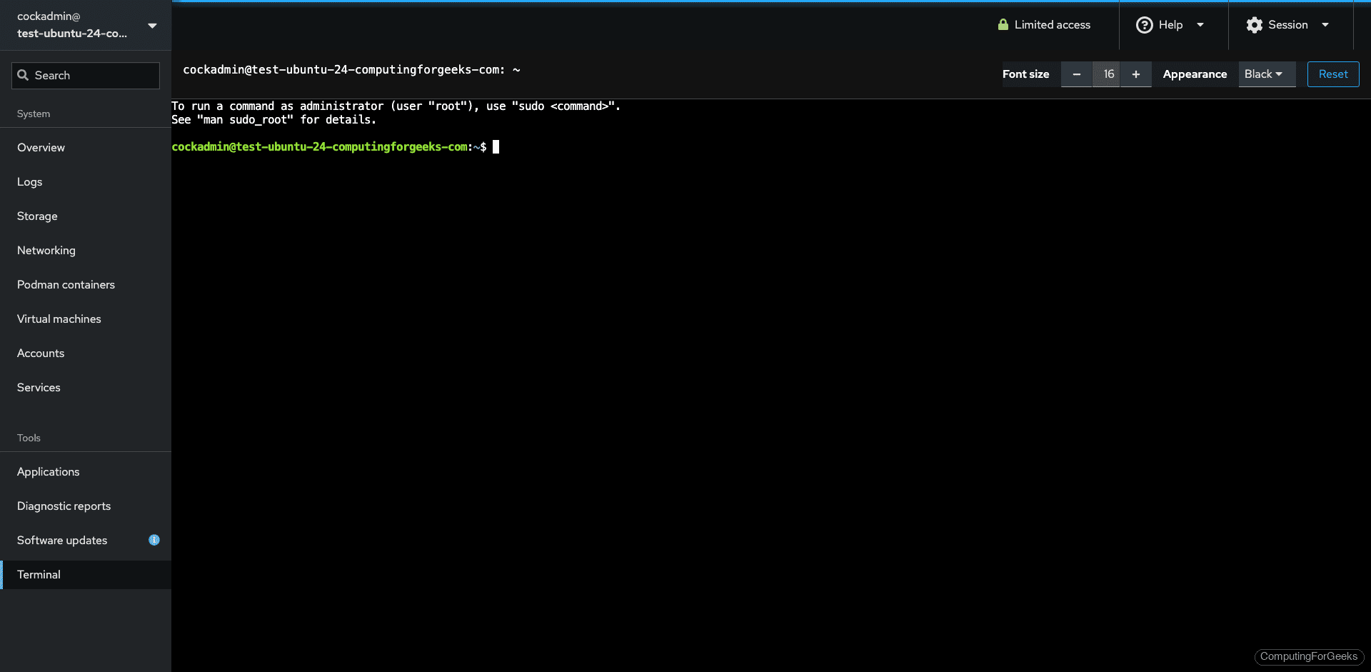 Cockpit built-in web terminal on Ubuntu 24.04