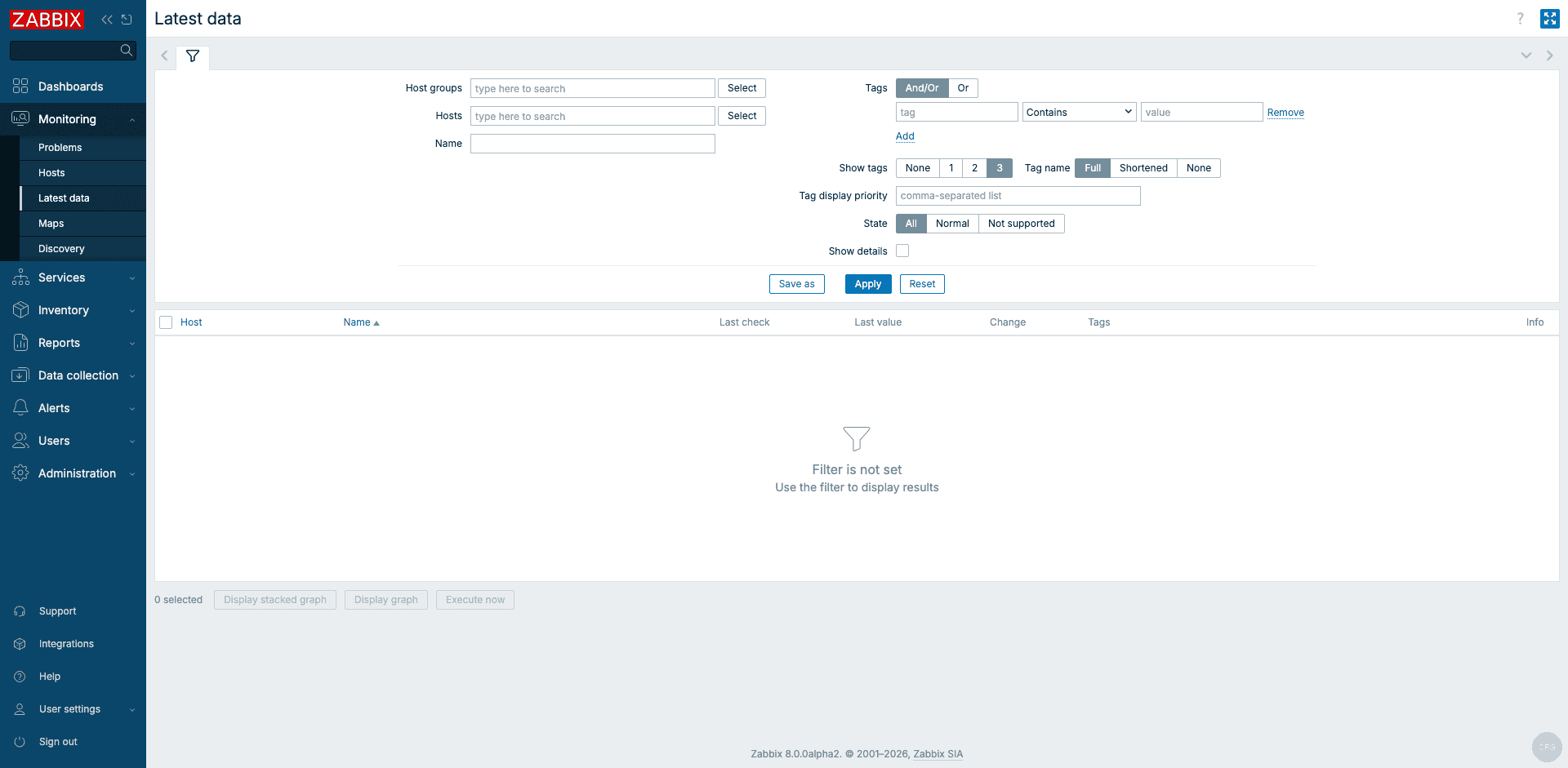 Zabbix 8.0 latest data showing real-time metrics from agent