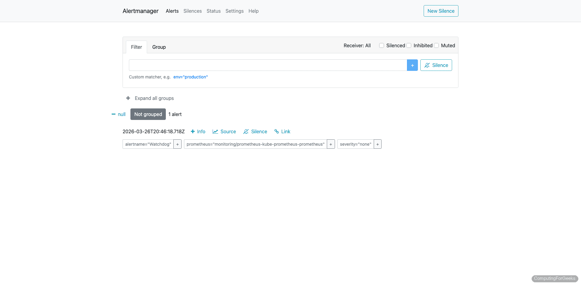 Alertmanager web UI showing active alerts and silence configuration
