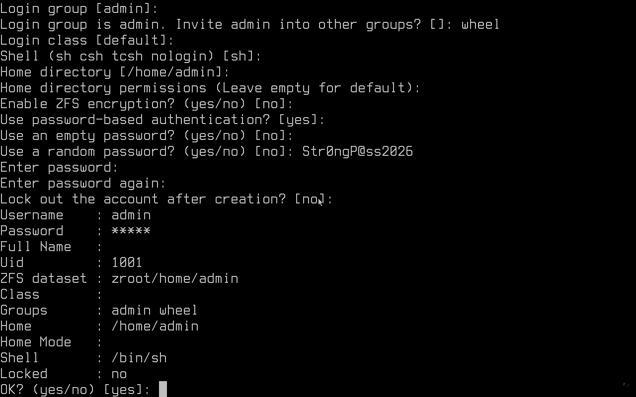 FreeBSD 15.0 add user screen showing admin user added to wheel group