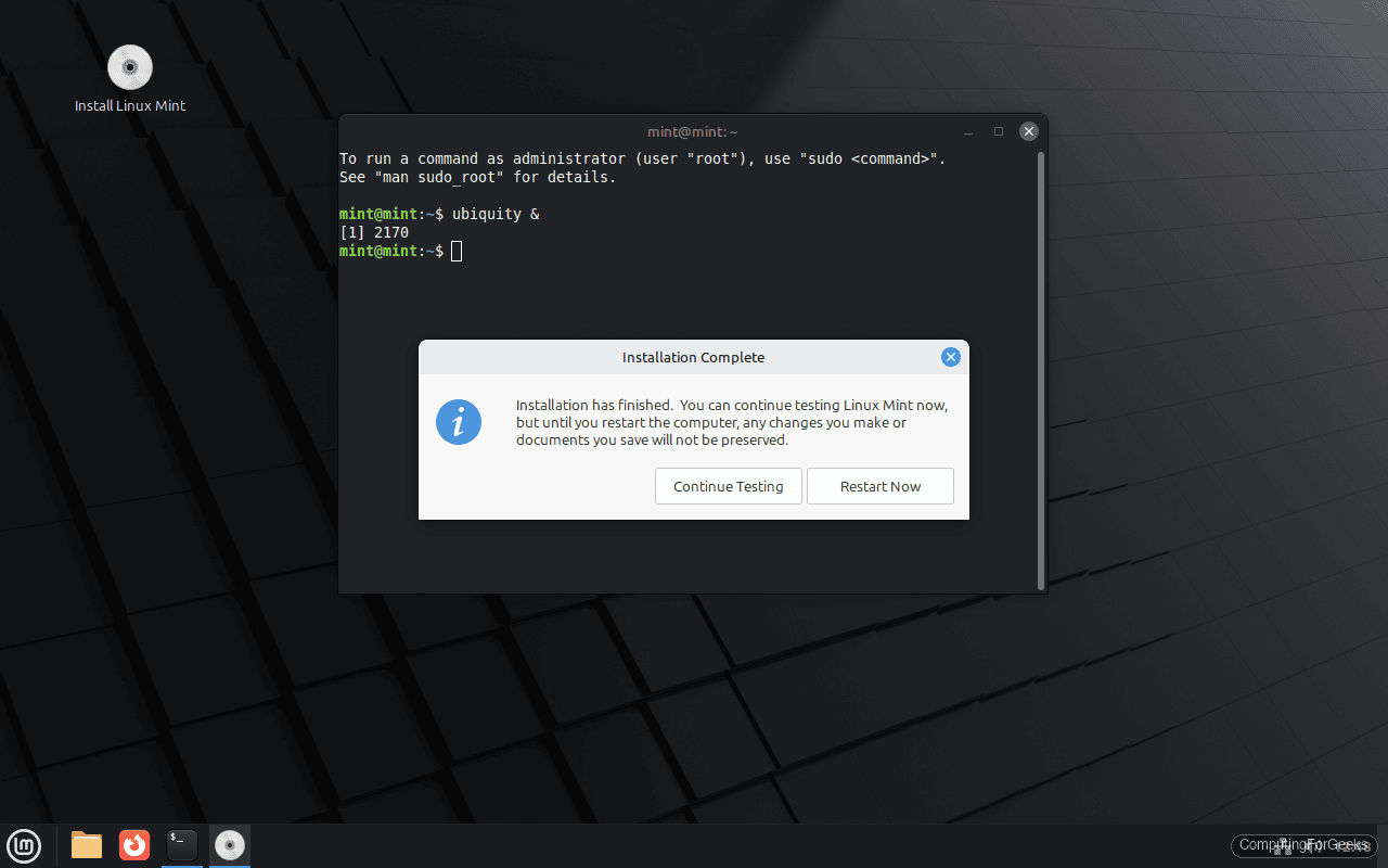 Linux Mint installation complete dialog with Restart Now button