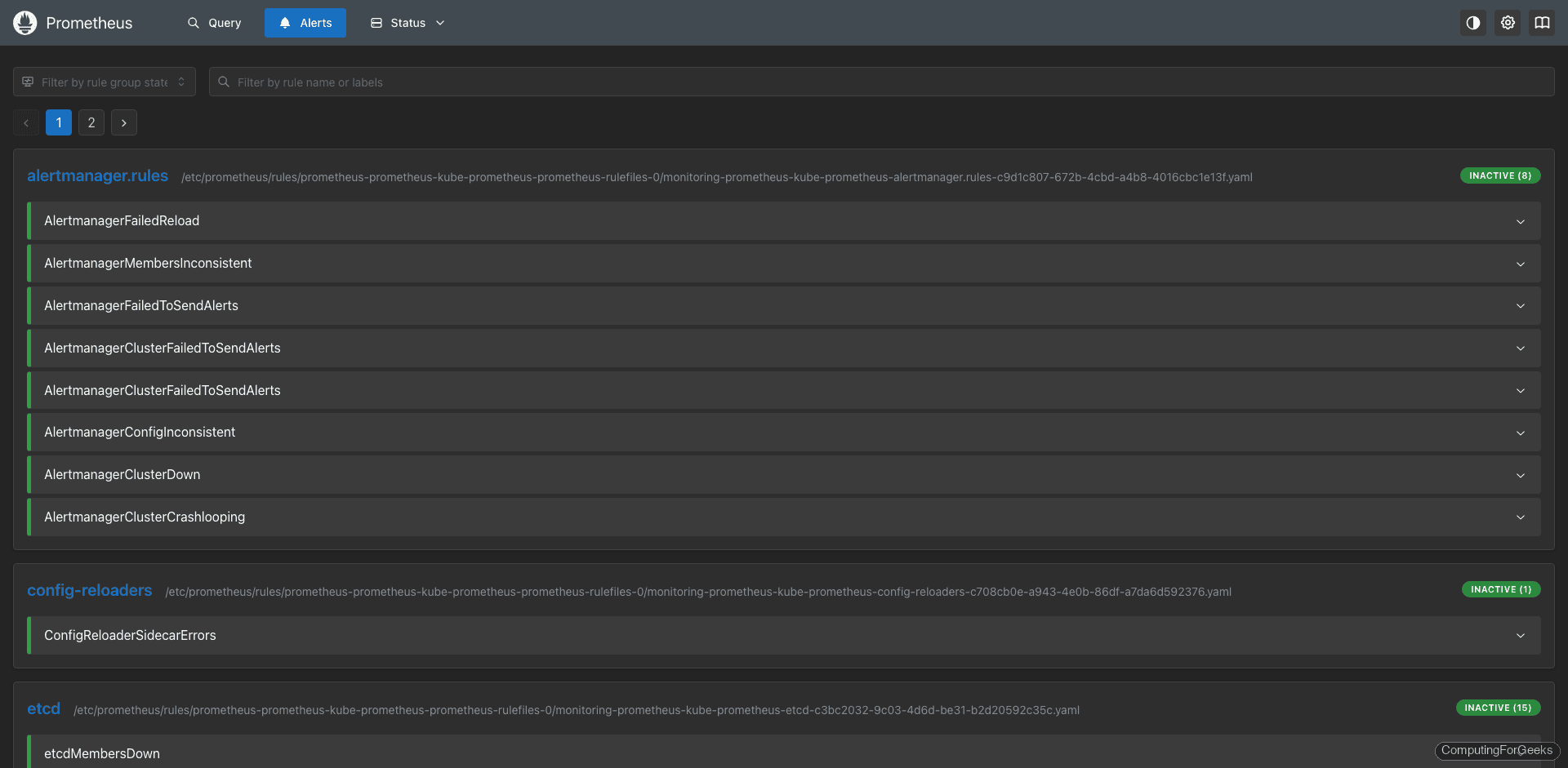 Prometheus alerts page showing built-in alerting rules from kube-prometheus-stack