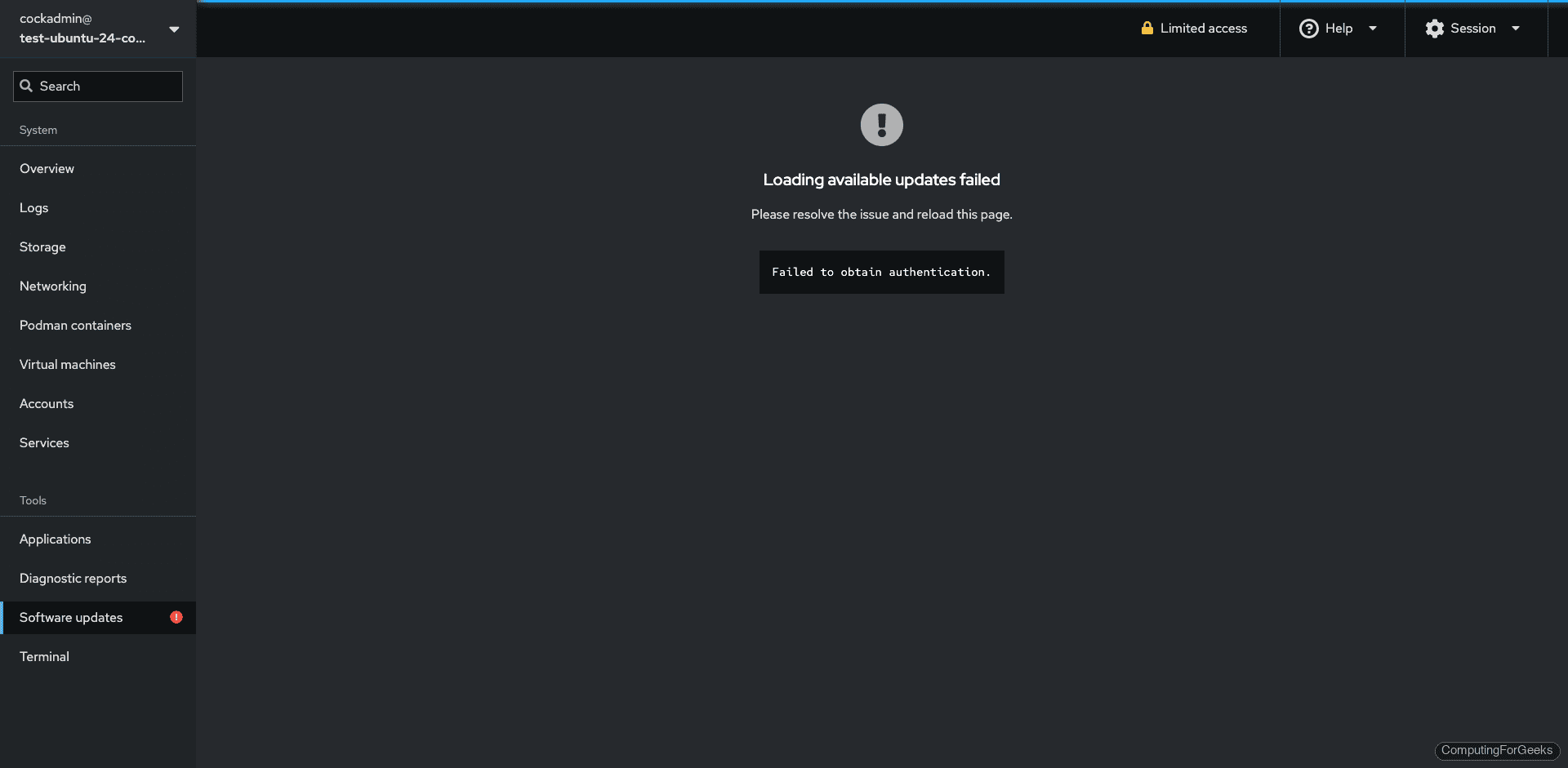 Cockpit software updates page showing available patches on Ubuntu 24.04
