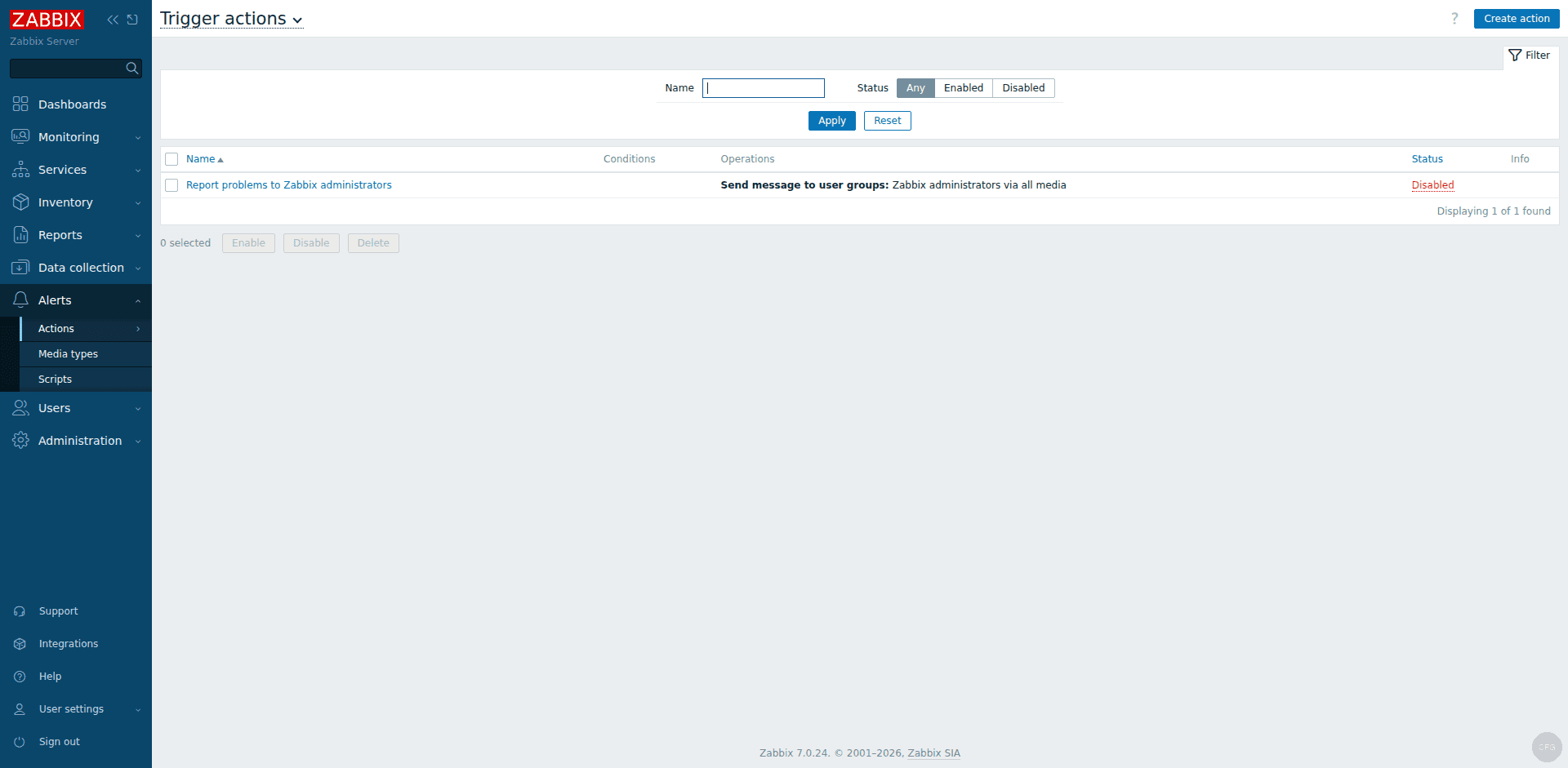 Zabbix 7.0 trigger actions page for configuring automated alert notifications
