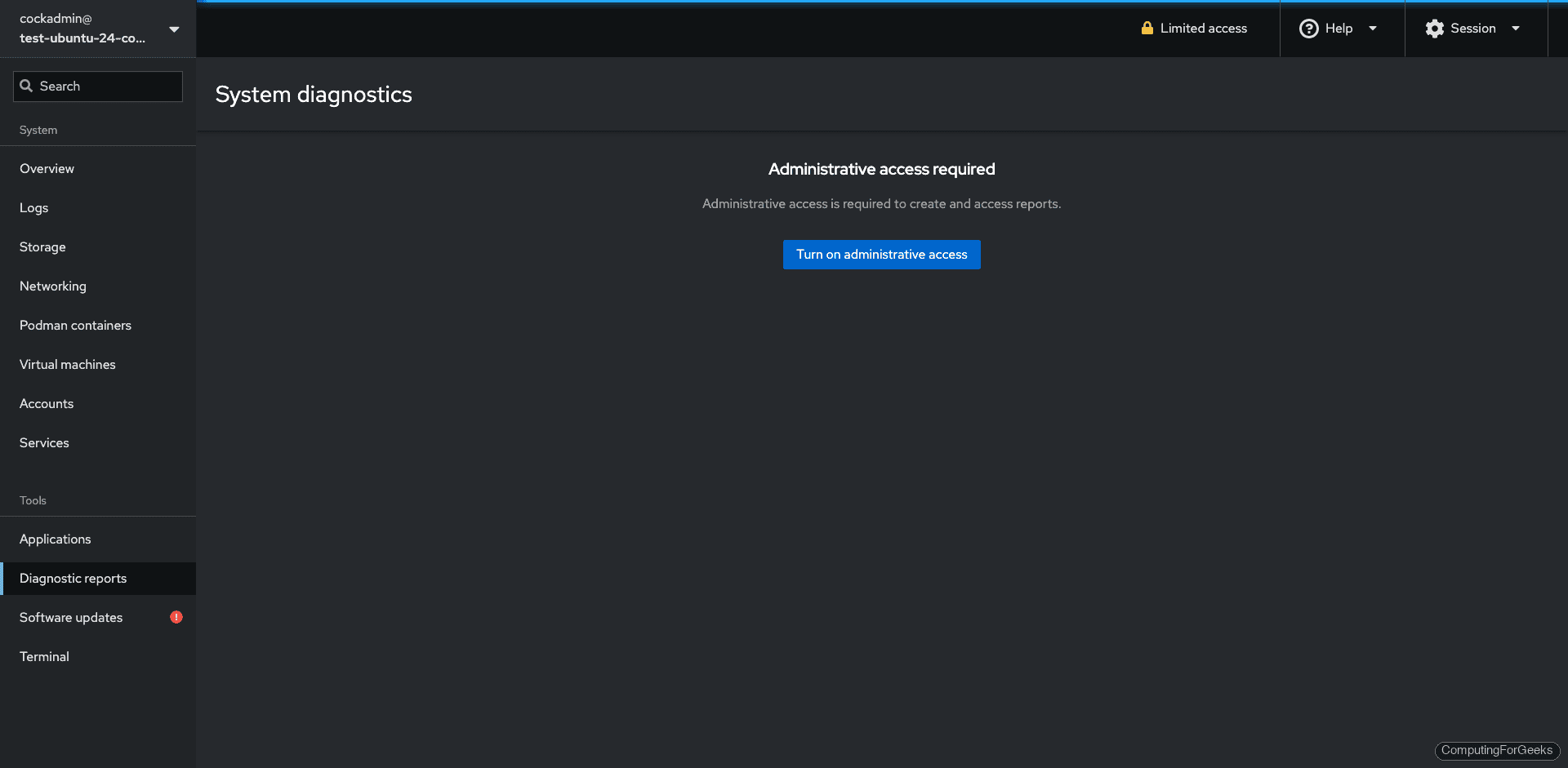 Cockpit diagnostic reports SOS report generation on Ubuntu 24.04
