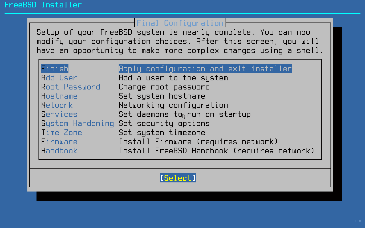 FreeBSD 15.0 final configuration screen
