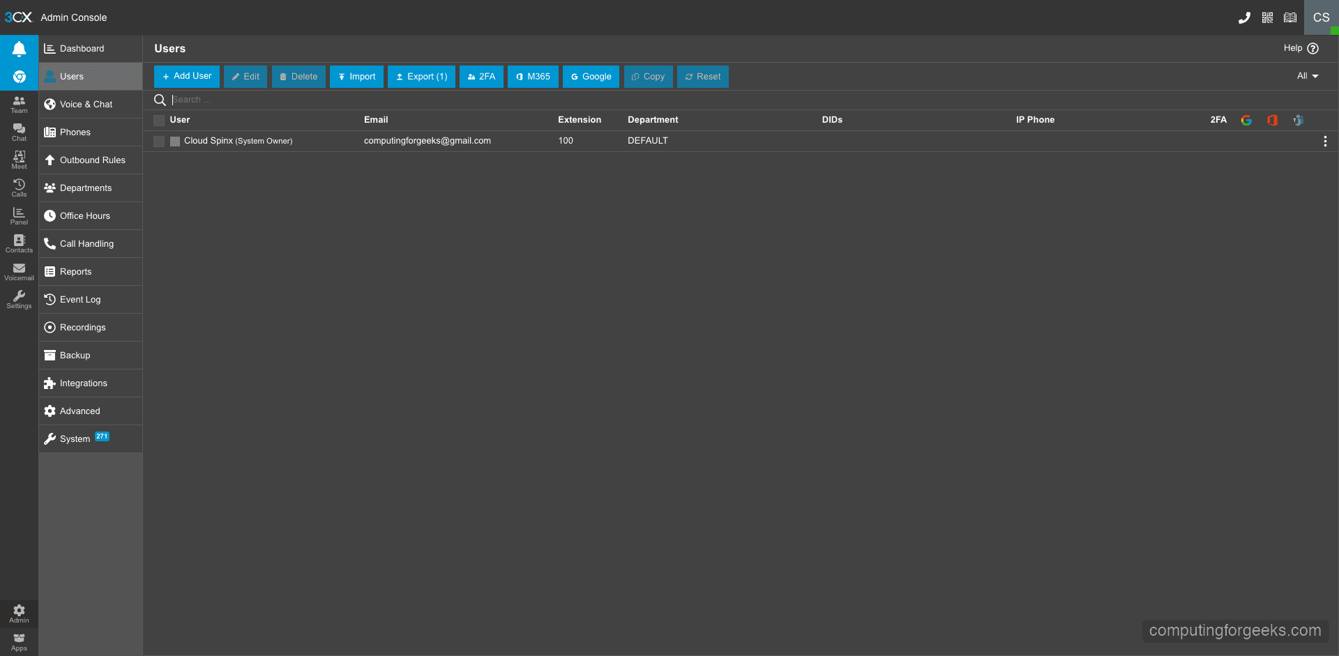 Install and Configure 3CX PBX on Debian 12 11 3CX admin users and extensions management page