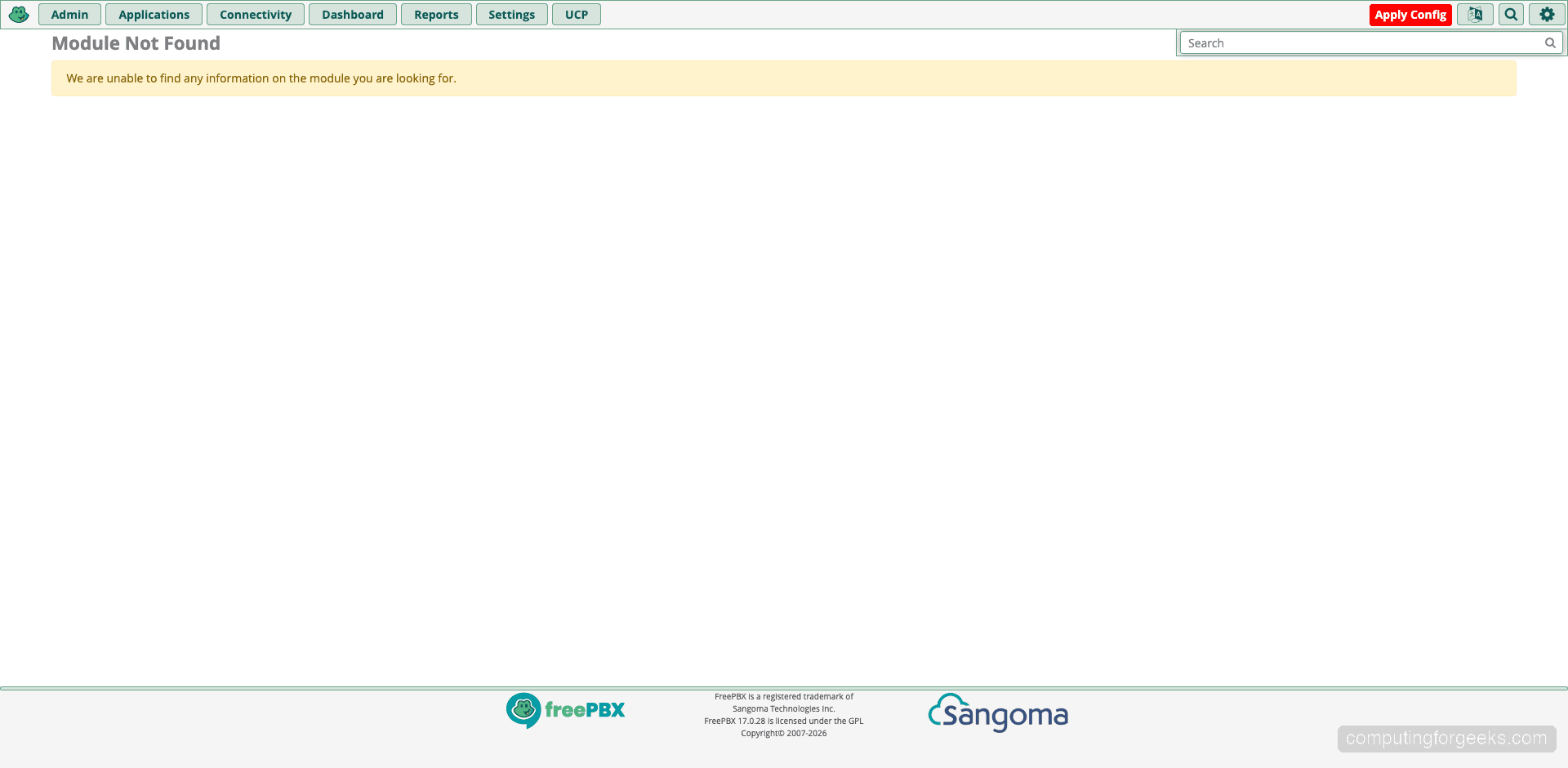 FreePBX Asterisk Info page showing Asterisk 22 version and system details