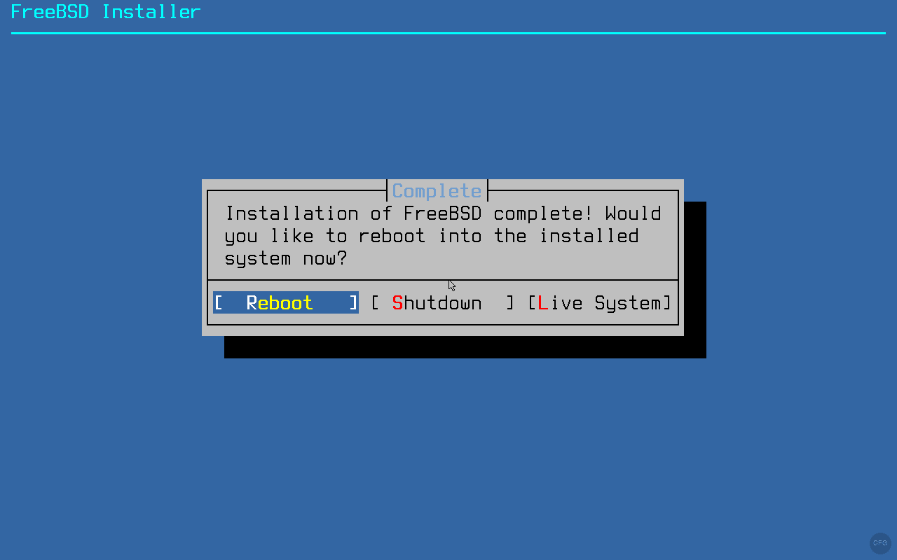 FreeBSD 15.0 installation complete screen with reboot option