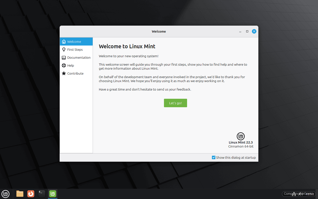 Linux Mint 22.3 Welcome screen with first steps
