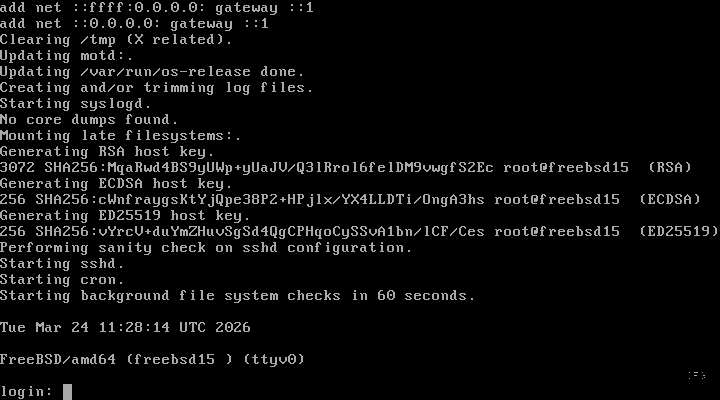 FreeBSD 15.0 first boot login prompt