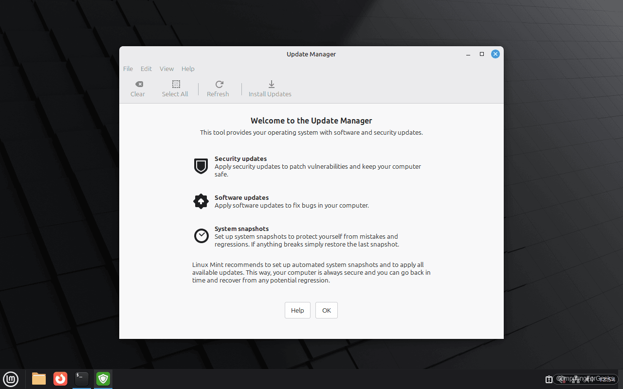 Linux Mint Update Manager welcome screen