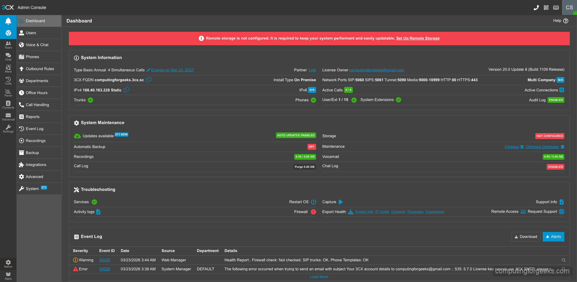 Install and Configure 3CX PBX on Debian 12 10 3CX admin dashboard showing system info and license details