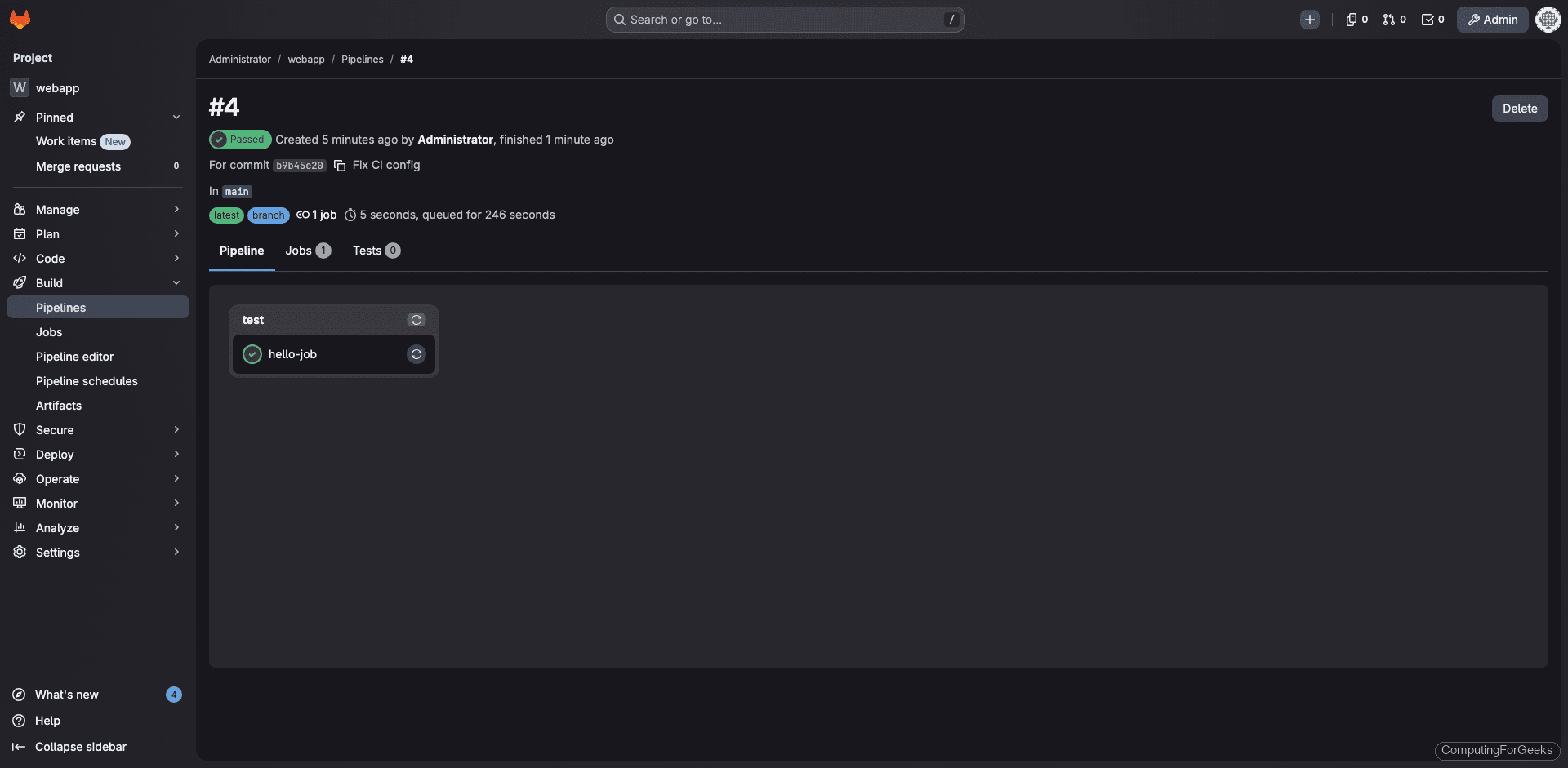 GitLab CE CI/CD pipeline showing successful job execution