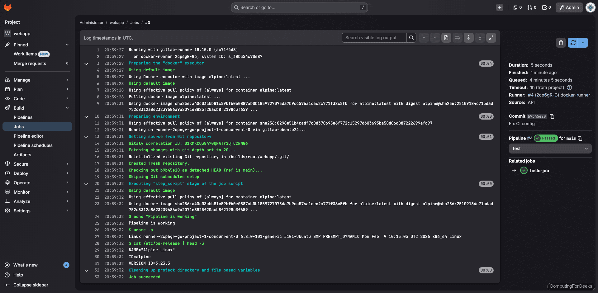 GitLab CE job log showing successful pipeline output
