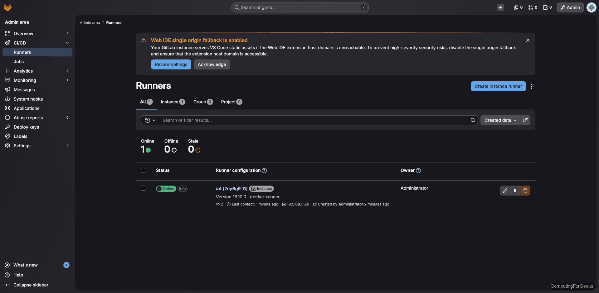 GitLab CE admin runners page showing docker-runner online