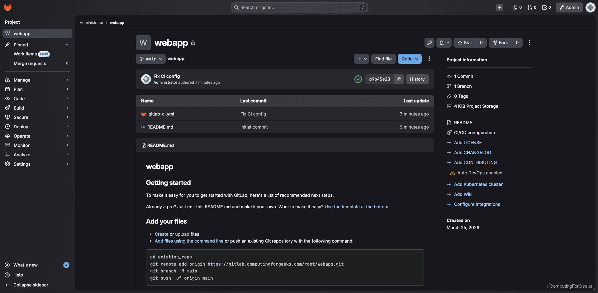 GitLab CE project overview showing repository files