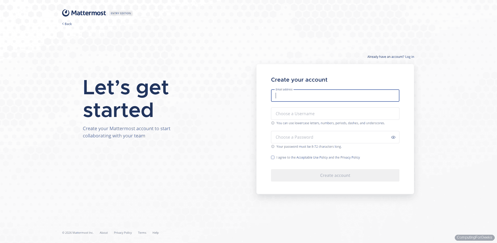Mattermost create account page showing email, username and password fields