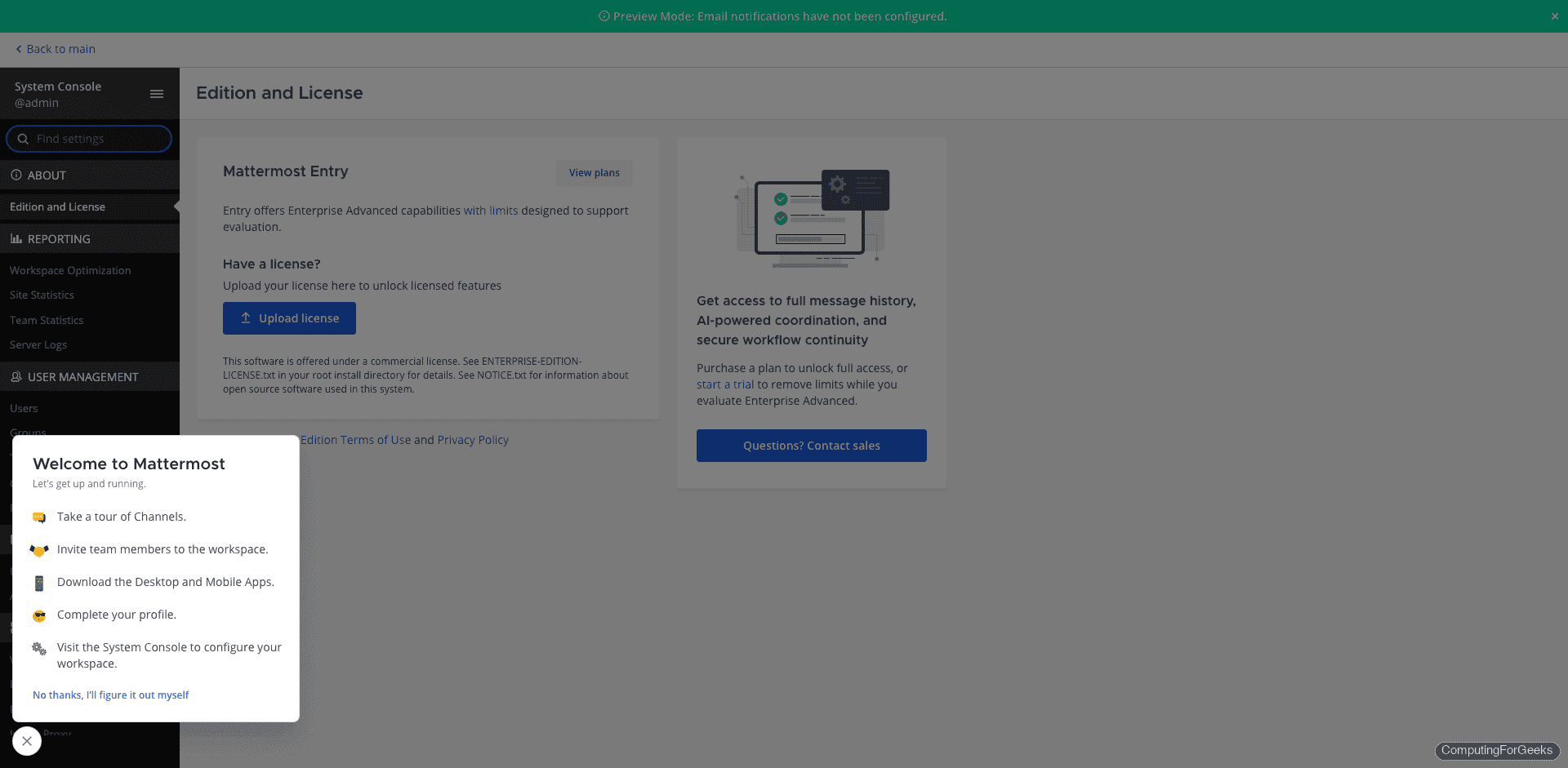 Mattermost System Console showing Edition and License page