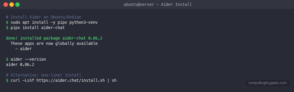 Aider installation on Ubuntu Linux using pipx showing version 0.86.2