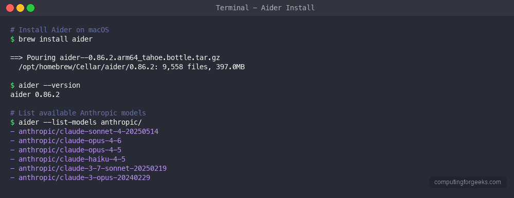 Aider CLI installation on macOS showing version 0.86.2 and available Anthropic models