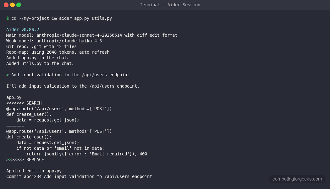 Aider AI pair programming session showing code changes with search and replace diff format