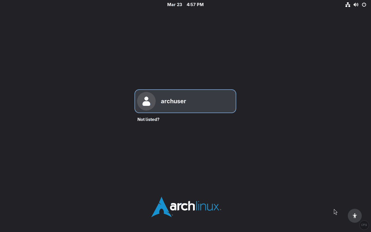 GDM login screen showing Arch Linux logo with archuser account