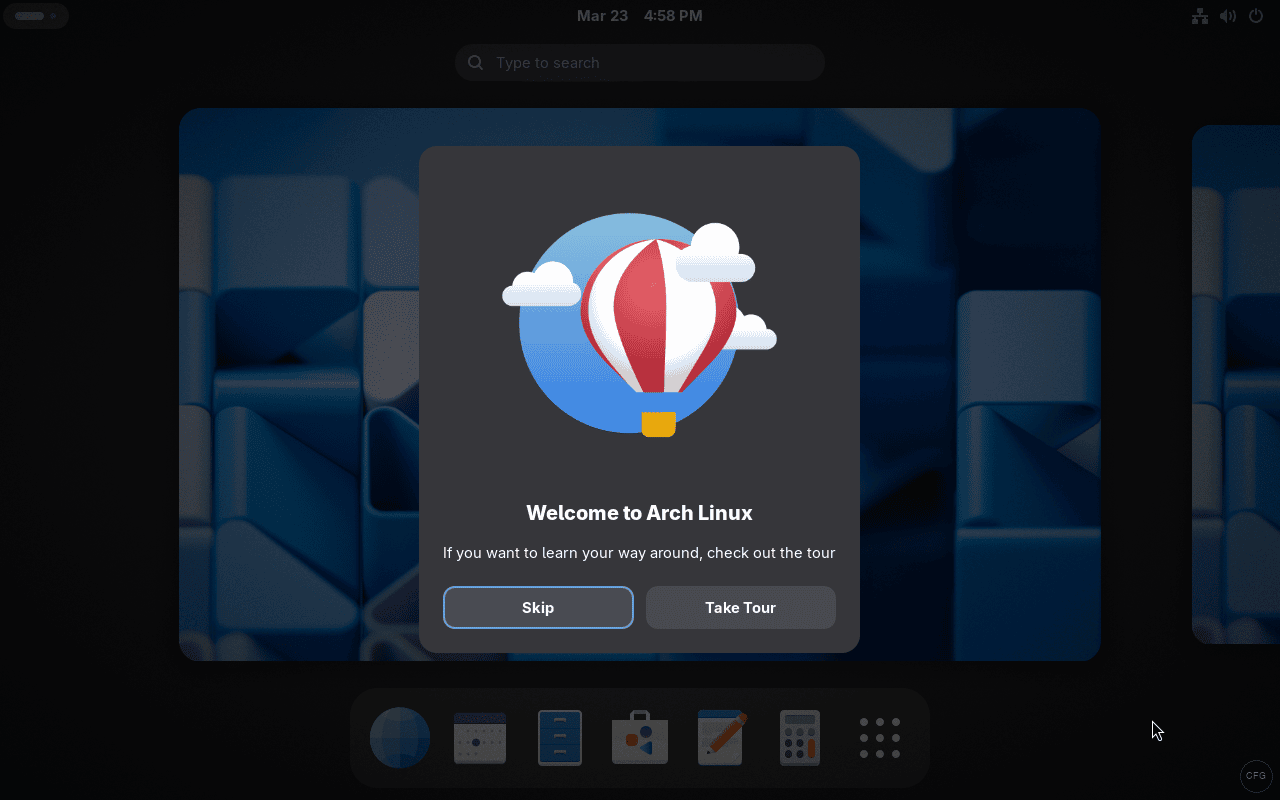 GNOME welcome dialog on Arch Linux