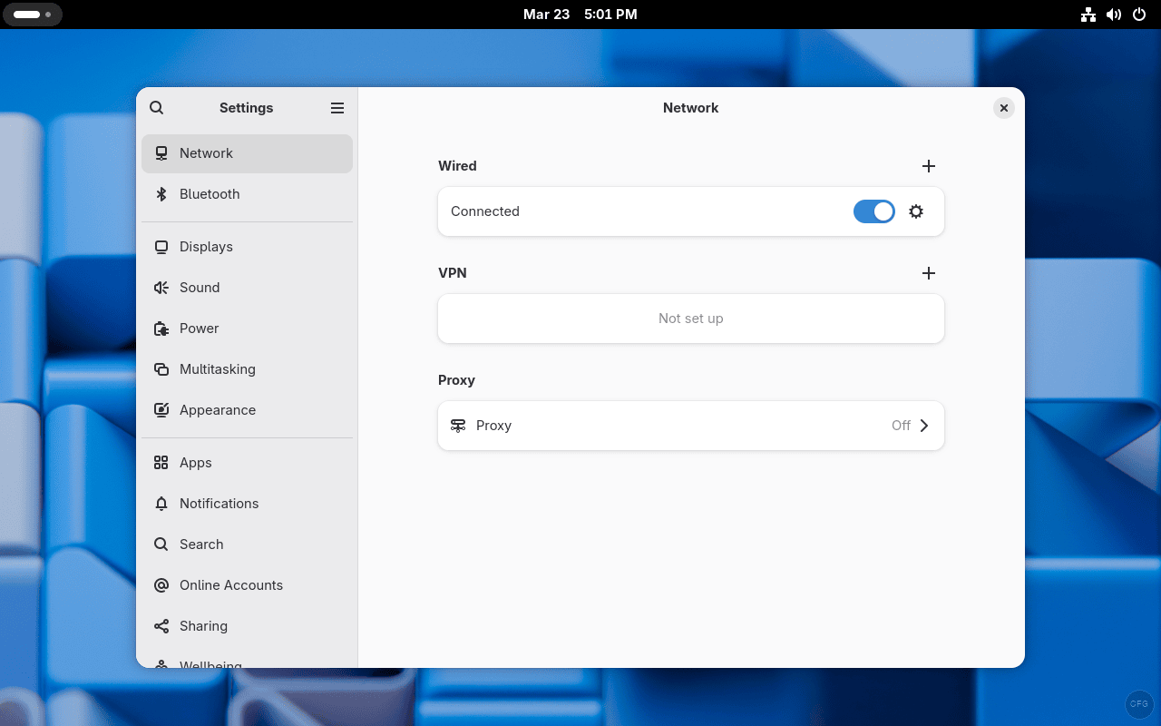 GNOME Settings application on Arch Linux showing system configuration options
