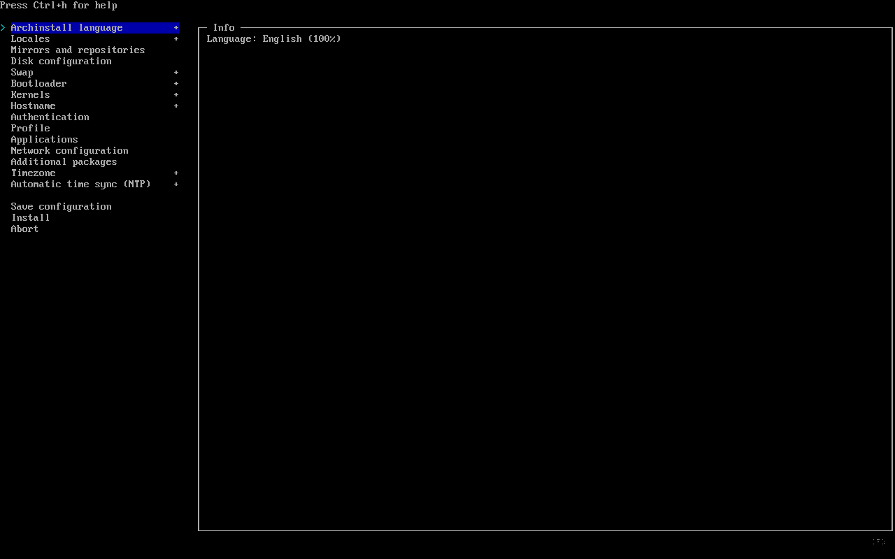 archinstall TUI main menu showing all configuration options