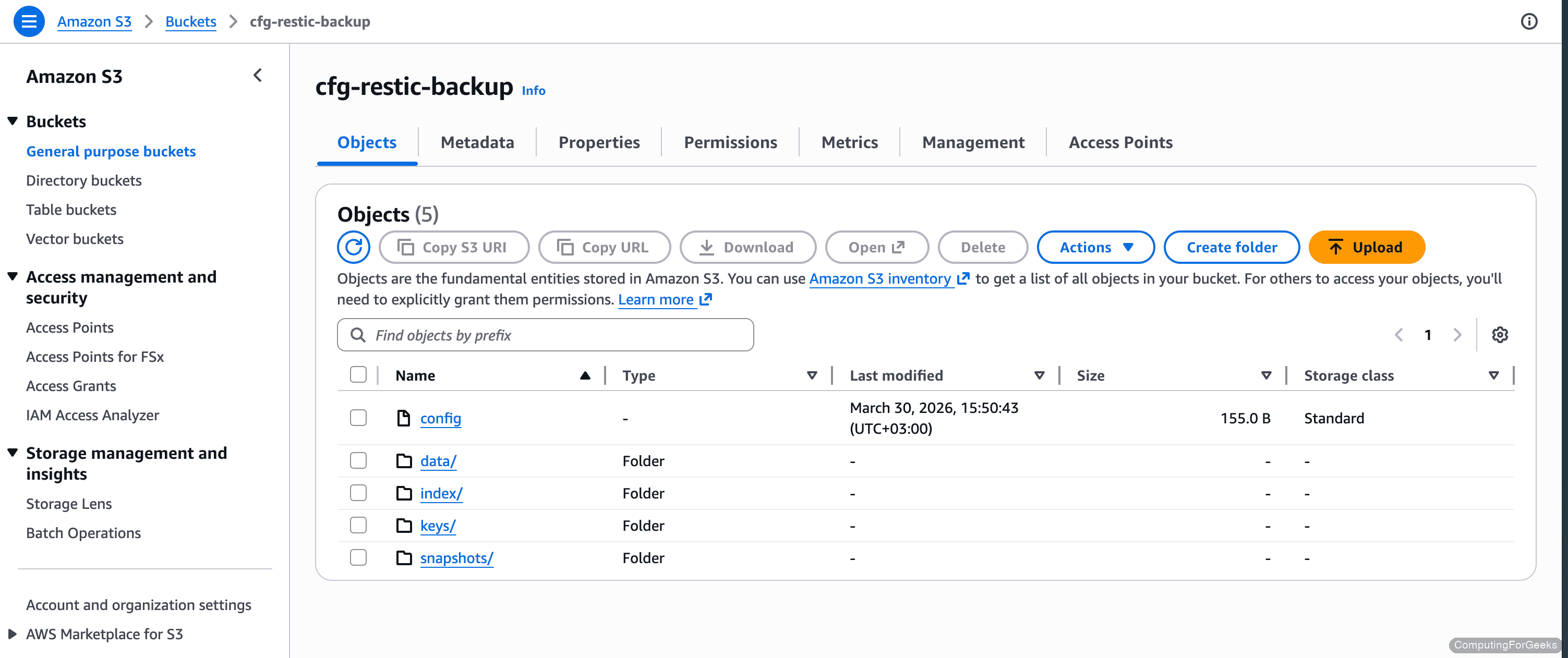 AWS S3 console showing restic backup repository with config, data, index, keys, and snapshots objects