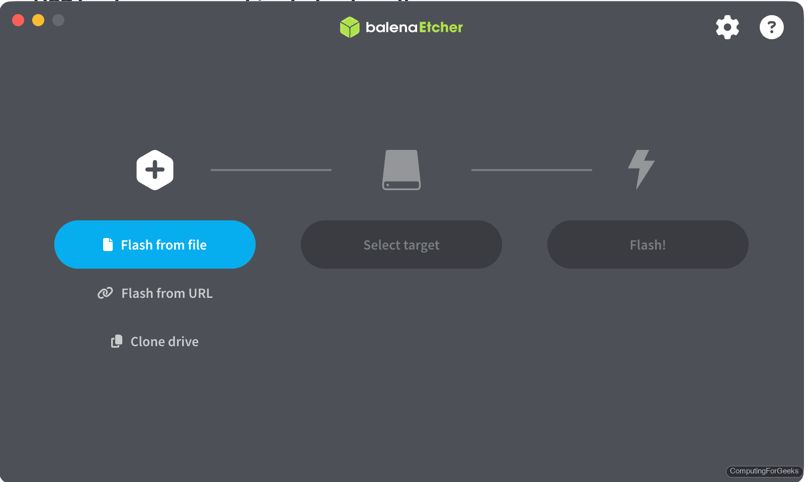 balenaEtcher main screen on macOS showing Flash from file, Select target, and Flash buttons