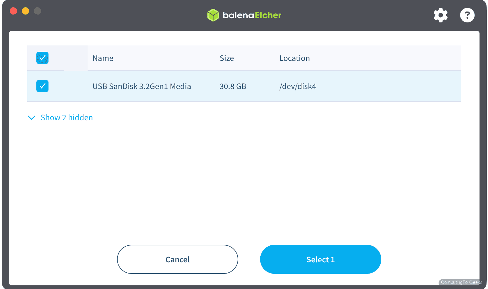 balenaEtcher disk selection showing USB SanDisk 3.2Gen1 30.8 GB at /dev/disk4