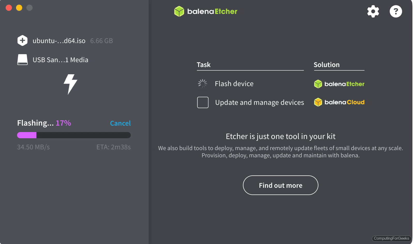 balenaEtcher flashing Ubuntu ISO to USB drive at 34.55 MB/s showing 17% progress