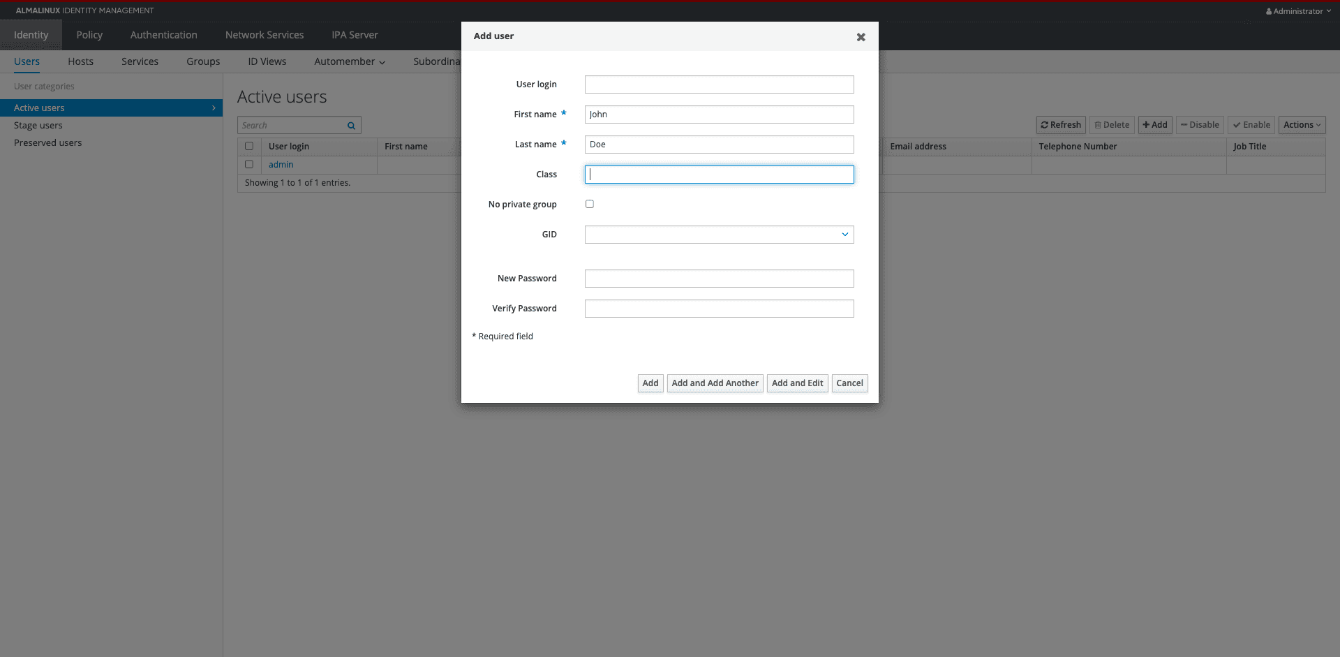 FreeIPA Add User form in Web UI