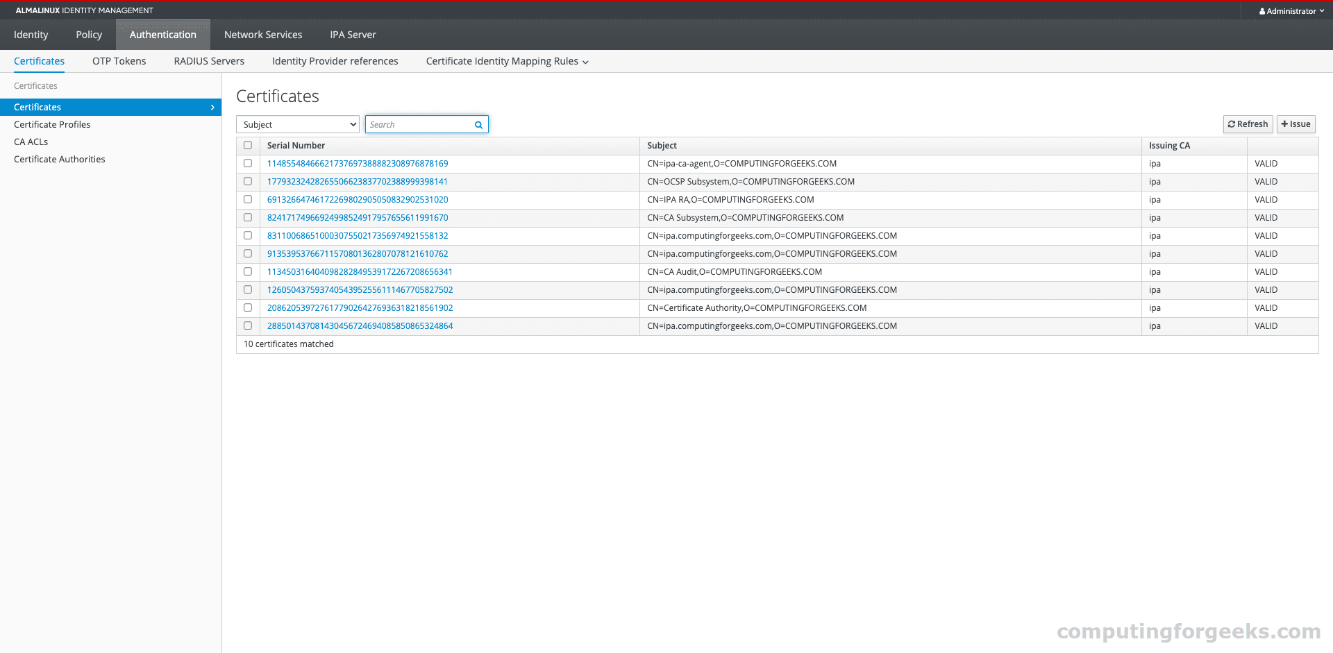 FreeIPA Certificates management page