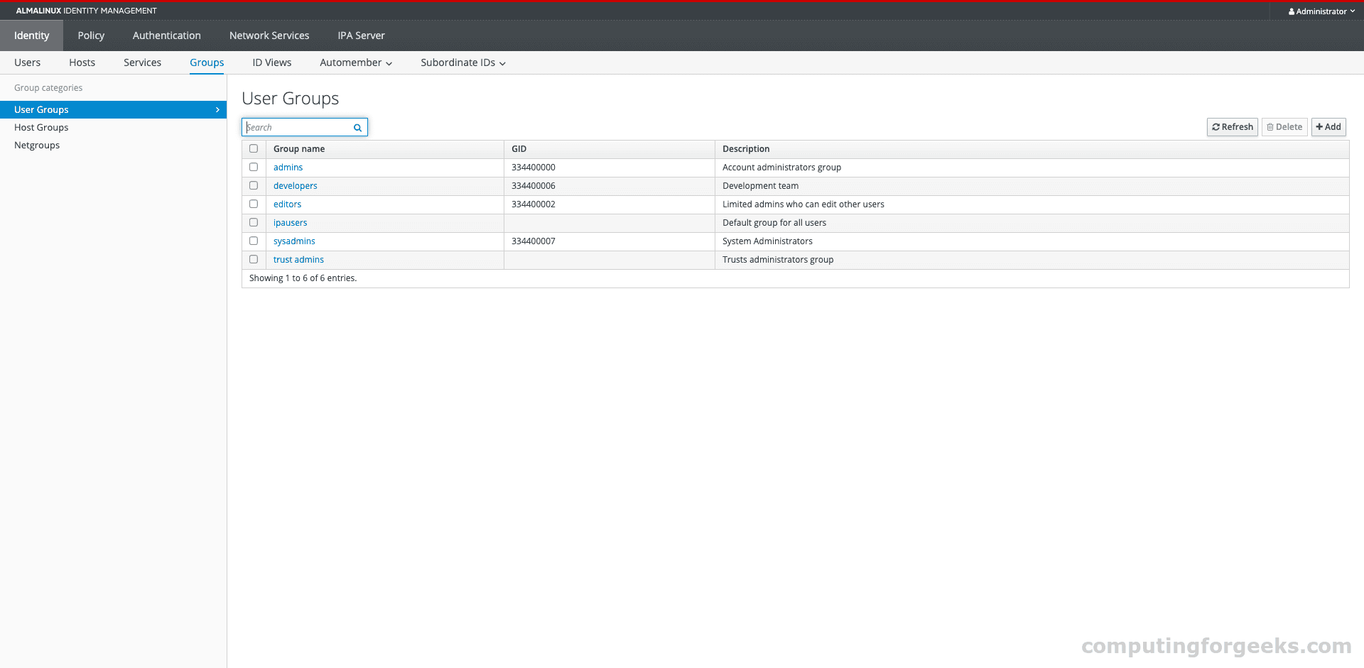 FreeIPA Groups List in Web UI